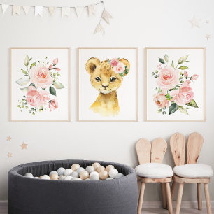 Löwe, Safari, Dschungel, rosa Blume, Girl-Kinderzi Bilderwand Sets