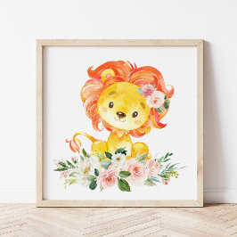 Löwe, Safari, Dschungel, rosa Blume, Girl-Kinderzi Poster