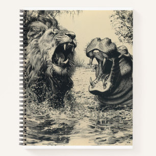 Löwe und ein Hippo-Kampf Notizblock