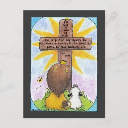 Löwe und Lamm am Kreuz Postkarte (Vorderseite)