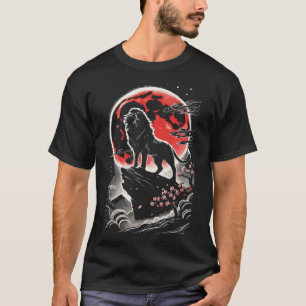 Löwe unter rotem Mond, Neo-Japanischer Tattoo-Stil T-Shirt