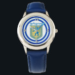 Löwe von Judah Emblem Jerusalem Hebräisch Armbanduhr<br><div class="desc">Die blaue Armbanduhr aus Edelstahl mit dem Bild eines blauen und gelben Löwen von Judah mit hellblauen und dunkelblauen Rahmen auf Weiß. Optionale Silber-Uhr-Oberfläche. Sehen Sie dazu die passende quadratische Taste, den quadratischen Charme, den großen runden, hochwertigen Schlüsselanhänger aus Metall, den viereckigen doppelseitigen Acryl-Schlüsselanhänger und die runde Halskette. Sehen Sie...</div>