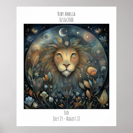 Löwe Zodiac Astrologie Name & Geburtstag Poster (Vorne)