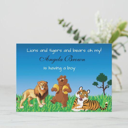 Löwen, Tiger, Bären oh meine - UnisexBabyparty Einladung (Stehend Vorderseite)