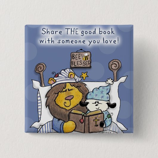 Löwen und Lamb teilen das gute Buch Button (Vorderseite)