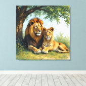 Löwen und Löwen unter einem Baum Leinwanddruck (Insitu (Holzboden))
