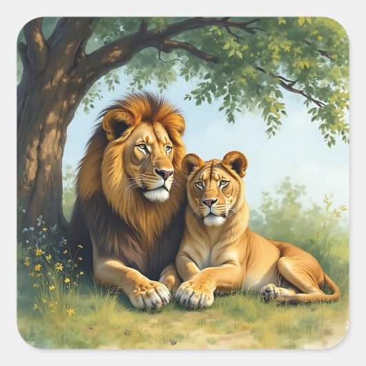 Löwen und Löwen unter einem Baum Quadratischer Aufkleber (Vorderseite)