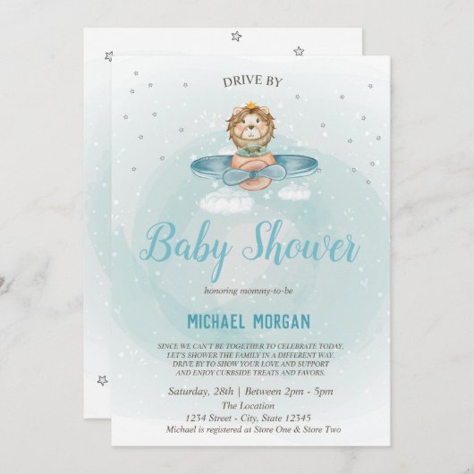 Löwenflugwerk mit Babydusche Einladung (Vorne/Hinten)