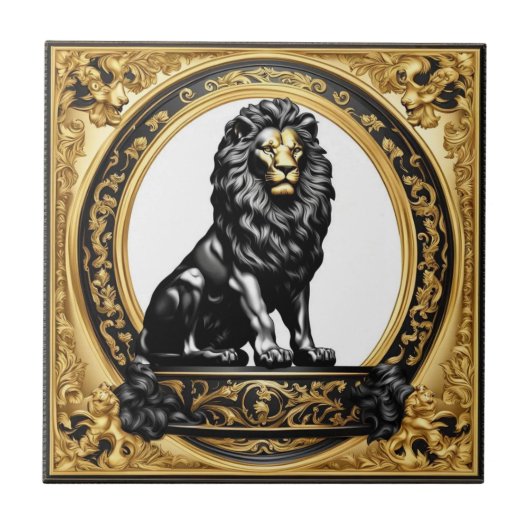 Löwengold und schwarzer Zierrahmen Fliese (Vorderseite)