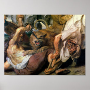 Löwenjagd, Detail von zwei Männern und einem Löwen Poster