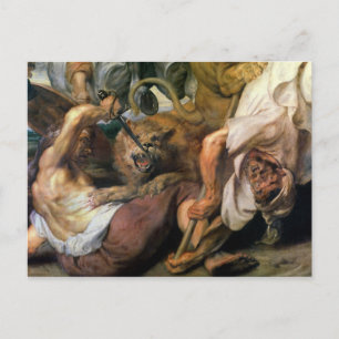 Löwenjagd, Detail von zwei Männern und einem Löwen Postkarte