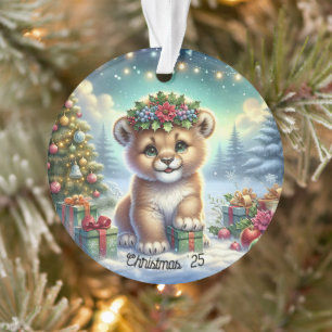 Löwenjunges & Weihnachtsstern-Kronen-Schneeszene  Ornament