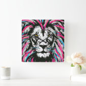 Löwenkopfhalterung | Blue Pink Lion Clock Quadratische Wanduhr (Zuhause)