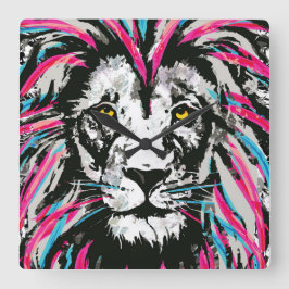 Löwenkopfhalterung | Blue Pink Lion Clock Quadratische Wanduhr