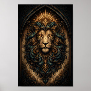 Löwenporträt mit goldenem Heiligenschein und Filig Poster