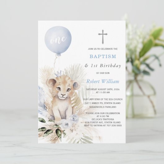 Löwenprinz Erster Geburtstag und Taufe Einladung (Stehend Vorderseite)