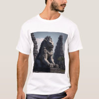 Löwenstatue mit Prambanan Tempel im Hintergrund