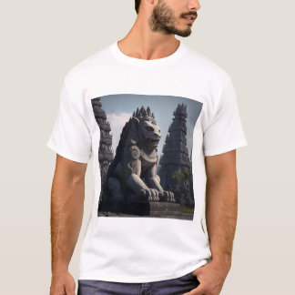 Löwenstatue mit Prambanan Tempel im Hintergrund T-Shirt