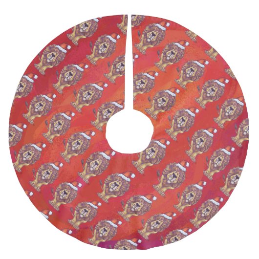 Löwenweihnacht auf Rot Polyester Weihnachtsbaumdecke (Vorderseite)