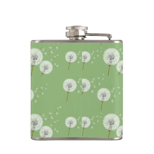 Löwenzahn-Muster auf grünem Hintergrund Flachmann (Rückseite)