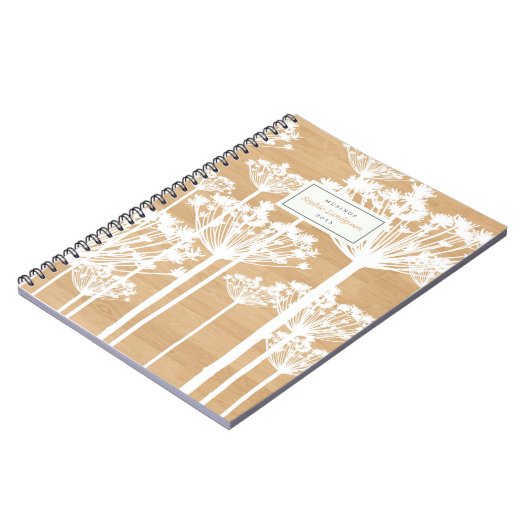 Löwenzahn-Muster auf hölzernem personalisiertem Notizblock (Linke Seite)