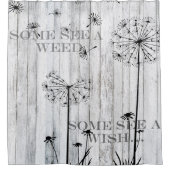 Löwenzahn-Samen, weißer hölzerner Zaun Duschvorhang (Vorderseite)