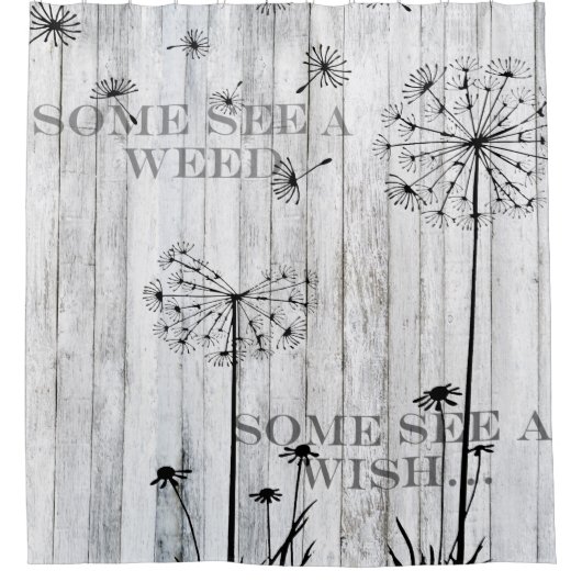 Löwenzahn-Samen, weißer hölzerner Zaun Duschvorhang (Vorderseite)