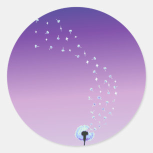 Löwenzahn sät Fliegen im lila Wind - Runder Aufkleber
