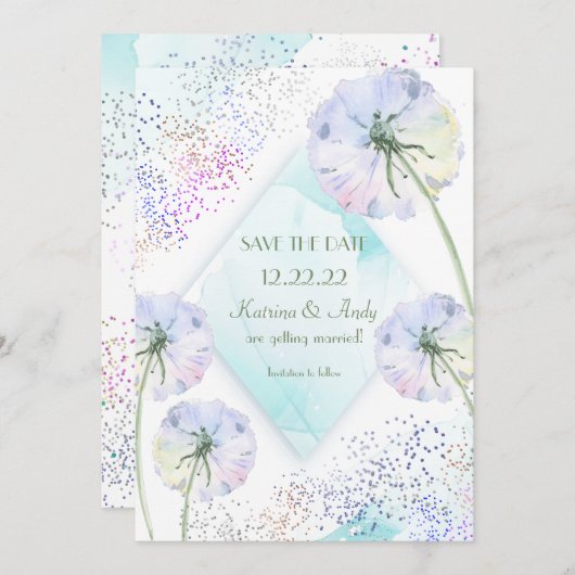 Löwenzahn und Glitzer-Hochzeit speichern das Datum Einladung (Vorne/Hinten)