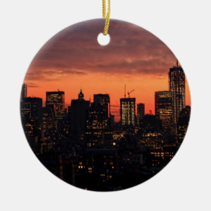 Lower Manhattan Skyline at Twilight, Pink Sky A1 Keramikornament
