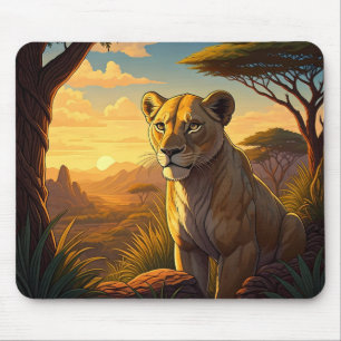 Löwin inmitten einer Wildnis-Kulisse Mousepad