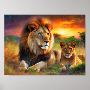 Löwin mit Jungtier Poster