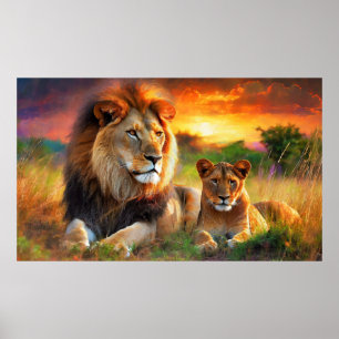 Löwin mit Jungtier Poster