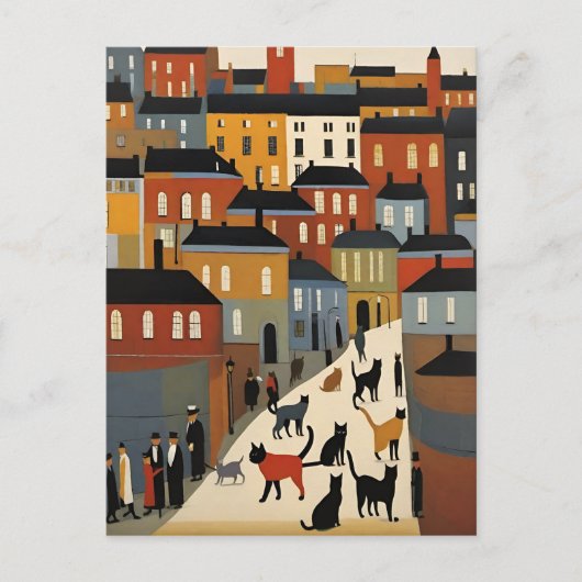 Lowry Style Cat Postcard Postkarte (Vorderseite)