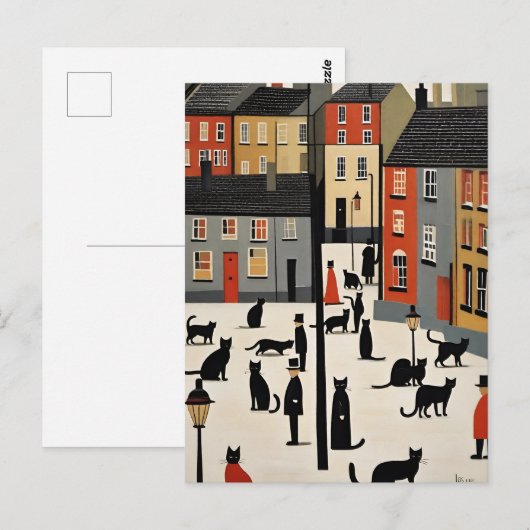 Lowry Style Cat Postcard Postkarte (Vorne/Hinten)