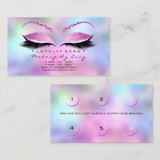 Loyalty Card 6 Beauty Salon Lashes Glitzer Pink Treuekarte (Vorne/Hinten)