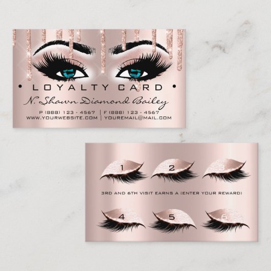 Loyalty Card 6 Beauty Salon Lashes Rose Blue Tropf Treuekarte (Vorne/Hinten)