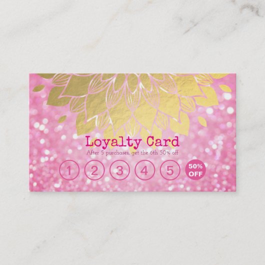 Loyalty Card Rosa Glitzer Gold Blütenmakeup Haar Treuekarte (Vorderseite)
