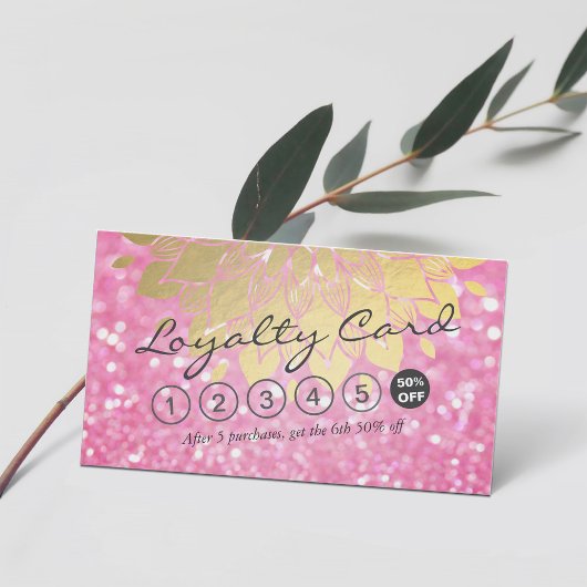 Loyalty Card Rosa Glitzer Gold Blütenmakeup Haar Treuekarte
