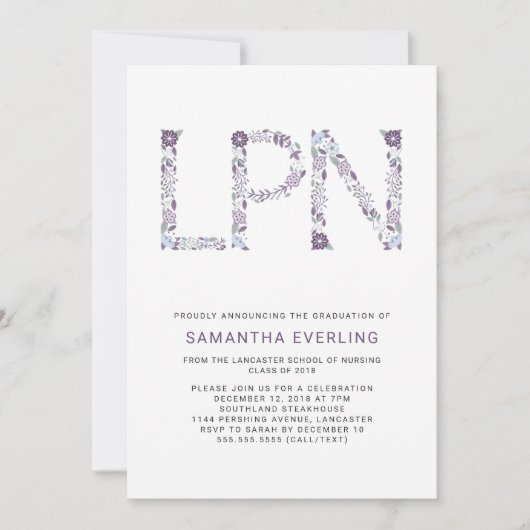 LPN Abschluss feiern, Blumenschwester lila Einladung (Vorderseite)
