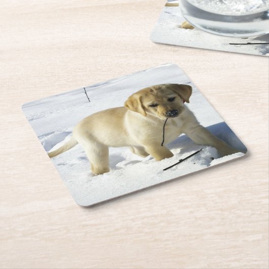 LR gelbe Labrador Welpe im Schnee Rechteckiger Pappuntersetzer (angewinkelt)
