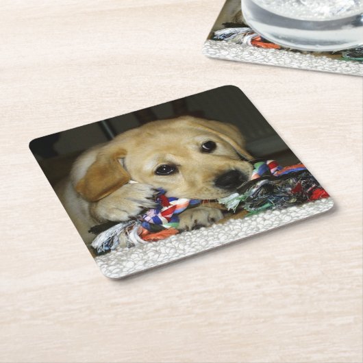 LR gelbe Labrador Welpe mit Spielzeug Rechteckiger Pappuntersetzer (angewinkelt)