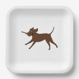LR SchokoladenLabrador mit Stock Pappteller