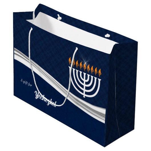 LRG Moderne Hanukkah in Blau und Weiß Große Geschenktüte (Vorderseite Schrägansicht)