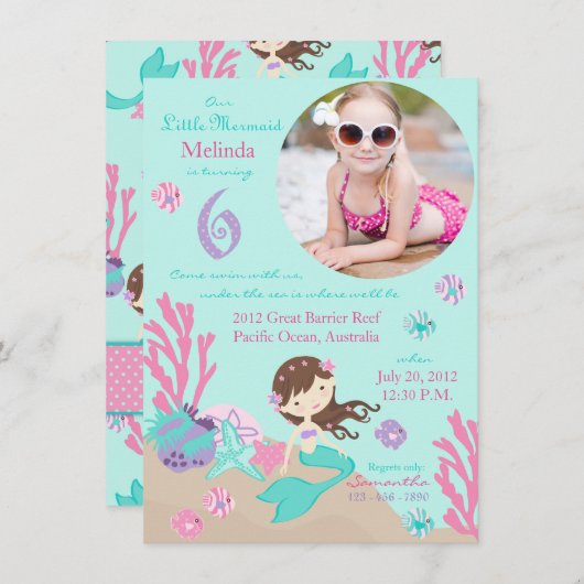 Lt Brünett Mermaid 6. Geburtstag Einladung (Vorne/Hinten)