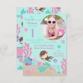 Lt Brünett Mermaid Erster Geburtstag Einladung (Vorne/Hinten)