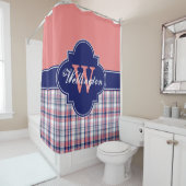 Lt Coral Navy Blue Madras Kariert 1ICB Ribbon Name Duschvorhang (Beispiel)