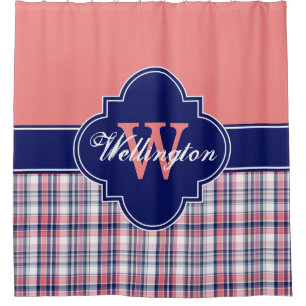 Lt Coral Navy Blue Madras Kariert 1ICB Ribbon Name Duschvorhang