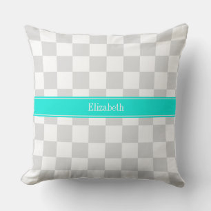 Lt Grau Weiß Checker Aqua Band Monogramm Kissen