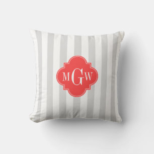Lt Grau Weiß Streifen Koralle Vierblatt 3 Monogram Kissen